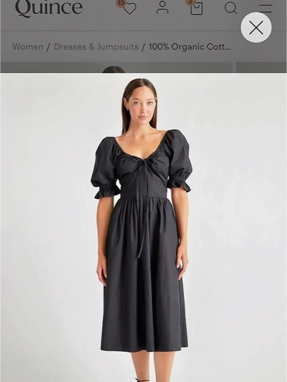 Quince 100% Organic Cotton Puff Sleeve Midi Dress Black